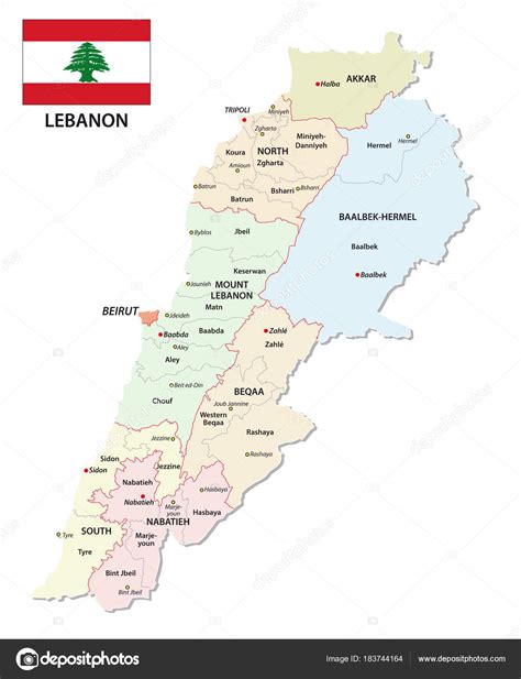 Detailed Lebanon Administrative Political Vector Map Flag — Stock Vector © Lesniewski 183744164