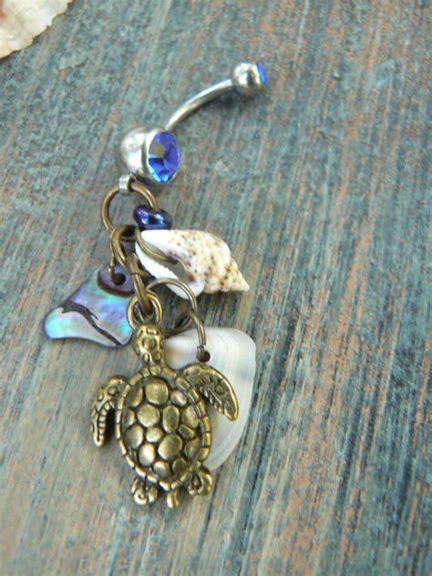 Sea Turtle Belly Ring Brass Sea Turtle Abalone Shells Sea Life Etsy