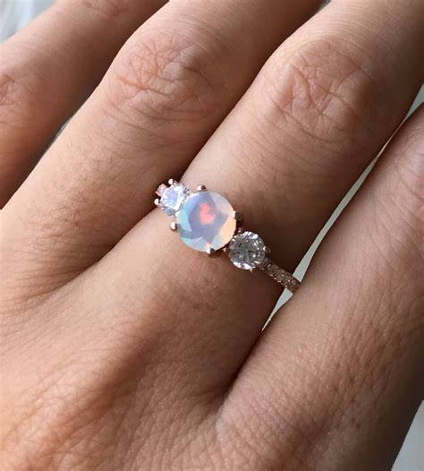 Genuine Opal Promise Ring For Her Fiery Opal Three Stone Anniversary Ring Welo Opal Solitaire