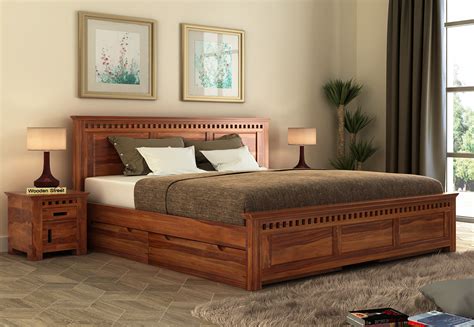 Buy Adolph Bed With Side Storage Queen Size Honey Finish Online In