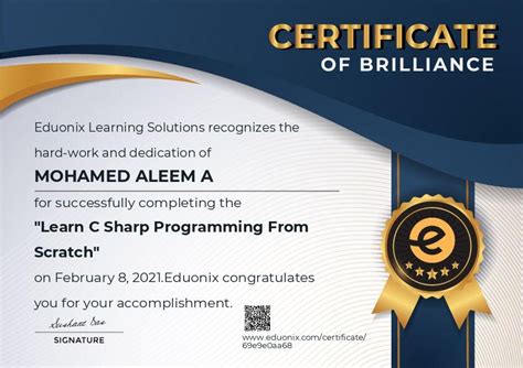 Completion Certificate For Learn C Sharp Programming From Scratch
