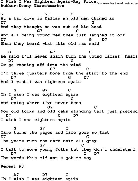 Country Music I Wish I Was Eighteen Again Ray Price Lyrics And Chords