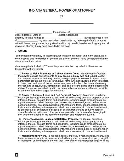 Free Indiana General Power Of Attorney Pdf Word Eforms