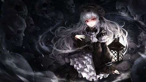 Hd Wallpaper Gothic Anime Girl Skulls White Hair Dress Lantern