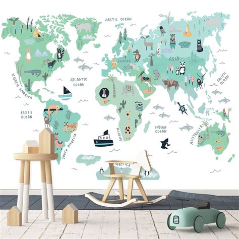 World Map Wall Mural In Mint Colors Children Map With Etsy Map Wall