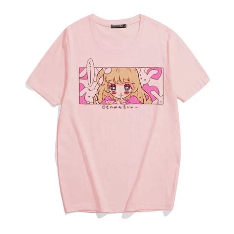 Cute Pink Anime Girl Cartoon Graphic Casual Short Sleeve Shirt Tee T