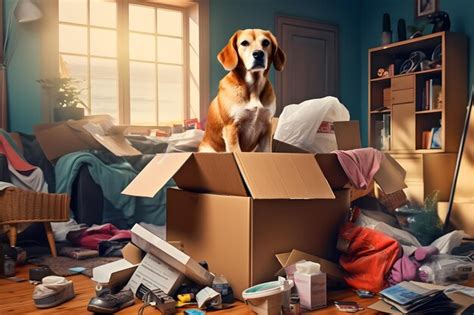 Premium Ai Image Adorable Dog Relaxing In A Cluttered Room Surrounded