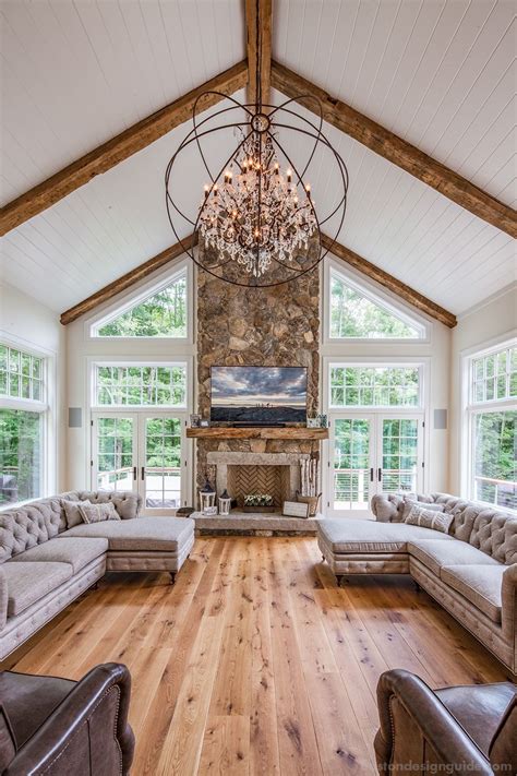 From the beamed great room ceiling to the tray ceilings in the master, to the barrel ceiling as you enter, you'll love the attention that was paid to the ceilings throughout the entire home. Great room by the woods | Vaulted ceiling living room ...