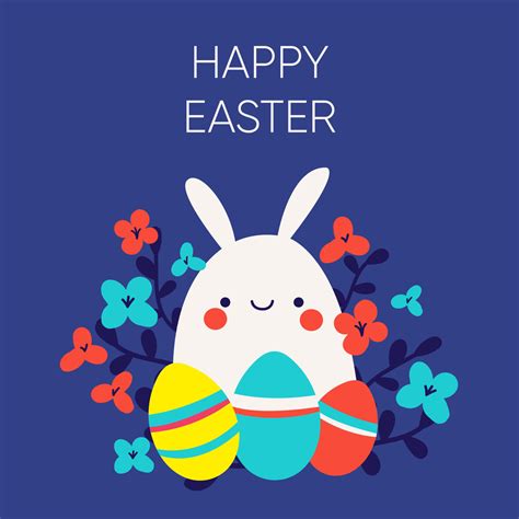 Happy Easter Greetings Card With Cute Easter Bunny And Easter Eggs
