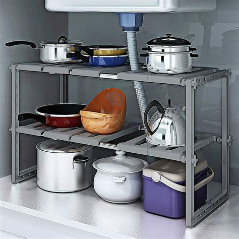 2 Tier Under Sink Rack Expandable Shelf Organizer Rack Kitchen Pot Pan