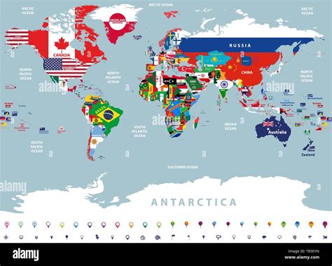 Ilustración Vectorial Del Mapa Del Mundo Con Banderas Nacionales