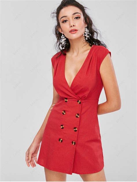 22 Off 2021 Low Cut Buttoned Short Dress In Love Red Zaful