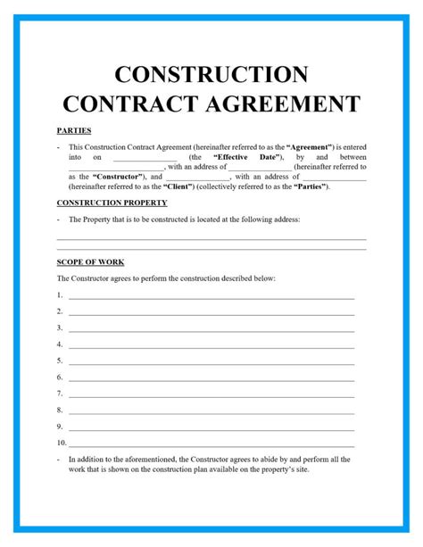 Printable General Contractor Contract Construction Contract Template