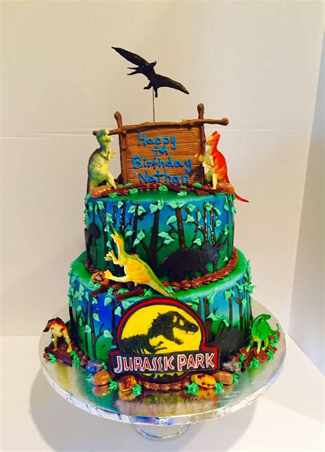 Jurassic Park Two Tier Cake All Edible Including The Logo Dinosaurs