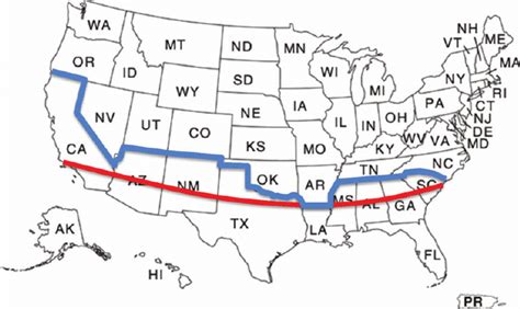 Map Of The United States Demonstrating The 33rd Parallel Red Line