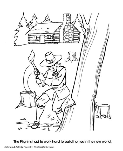 The date and location of the first thanksgiving celebration is traditionally depicted as being between the pilgrims and the native americans having occurred at the. Thanksgiving Coloring Pages - Pilgrim Settlers | Thanksgiving coloring pages, Thanksgiving color ...