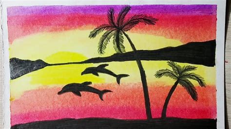 How To Draw Dolphin Sunset Scenery Drawing With Oil Pastels Step By