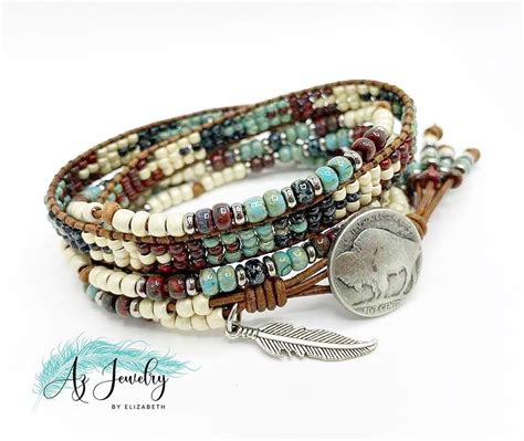 Native American Style Leather Wrap Bracelet Beaded Double Etsy In