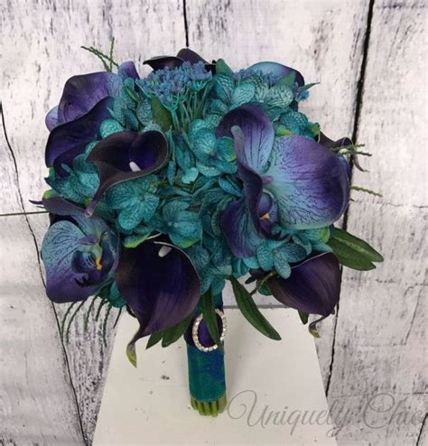 Teal Wedding Bouquet Purple Calla Orchid Bouquet Turquoise Etsy In