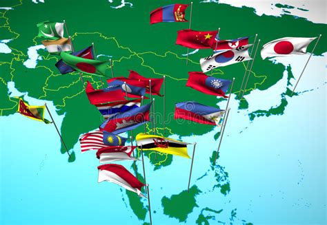 Asia Flags On Map Southeast View Stock Illustration Illustration Of