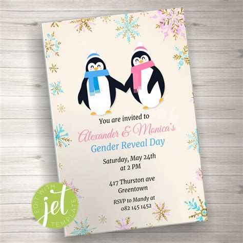editable penguin gender reveal invitation printable penguin etsy
