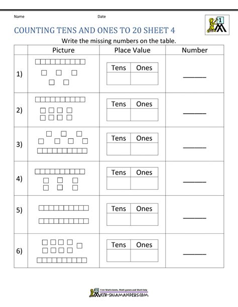 Using tens ones worksheet, studentswrite the amount of tens and ones for each number. Place Value to 20 Worksheets