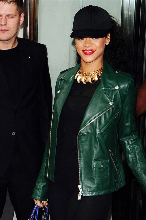 Rihanna Ponytail Green Leather Jacket Outfit Green Leather Jackets