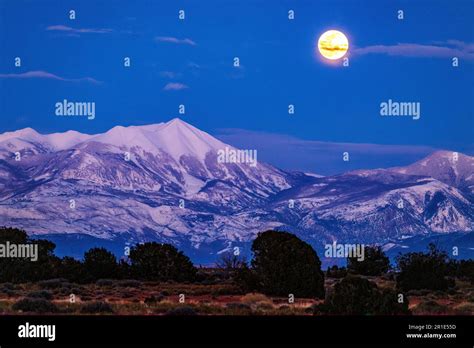 Full Moon Rise Over La Sal Mountains Canyonlands National Park Viewed
