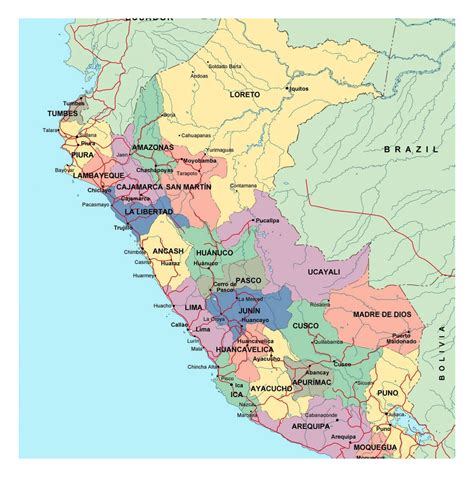 Large political and administrative map of Peru with roads and major