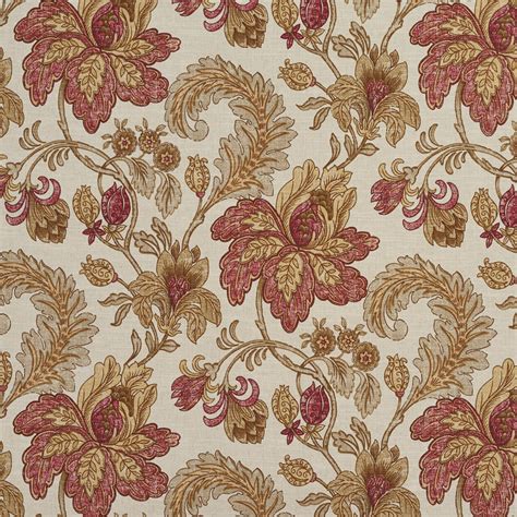 Beige and Burgundy Floral and Foliage Print Linen  