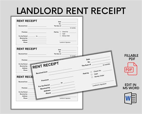 Landlord Rent Receipt Tenant Receipt Rent Payment Receipt Ms Word Editable Template Property