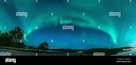 Panoramic Aurora Borealis Northern Green Lights With Lot Stars In The
