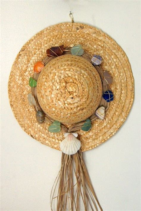 Beachy Straw Hat Door Or Wall Decoration With Sea Glass In Colors Of