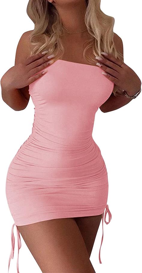 Womens Sleeveless Tube Bodycon Dress Sexy Strapless Ruched Mini Dress With Drawstring For