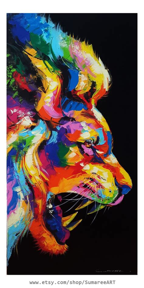 Colorful Lion Paintings On Canvas Etsy Colorful Lion Painting Lion