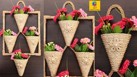 Diy Wall Hanging Flower Vase With Jute Flower Pot Using Jute Rope Wall Decor Jute Craft Idea