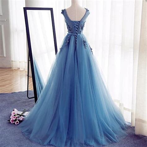 Blue Appliqued Prom Dresses Round Neck Formal Dresses Long Wedding