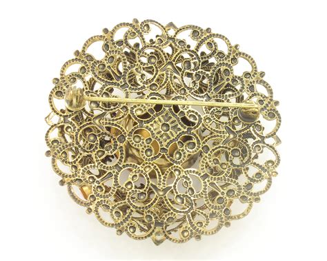 Vintage Gold Tone Filigree Red Glass Brooch Vintage Stamped Brass Red Rhinestone Pin Bold Red