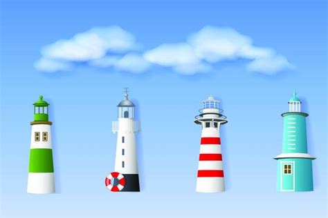 Seascape Striped Lighthouses On The Cloudy Sky Background Set Of