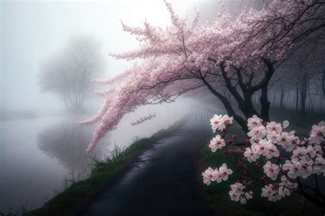 Cherry Blossoms In The Mist Generative Ai Stock Illustration