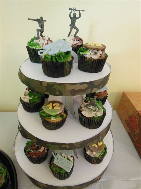 This ingenious design was commissioned for a very special birthday celebration that was delayed until the soldier. Camo/military Cupcakes - CakeCentral.com
