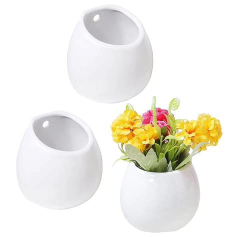 Set Of 3 Mini White Ceramic Wall Mountable Plant Vase 4 Inch Hanging