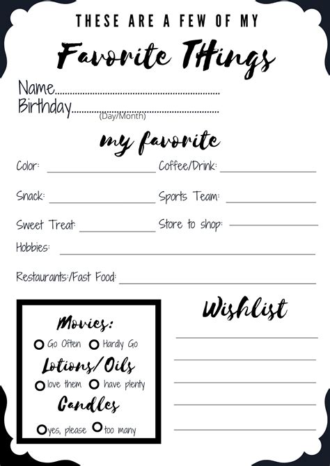 Customizable My Favorite Things Questionnaire 8x10 Senior Class Ideas
