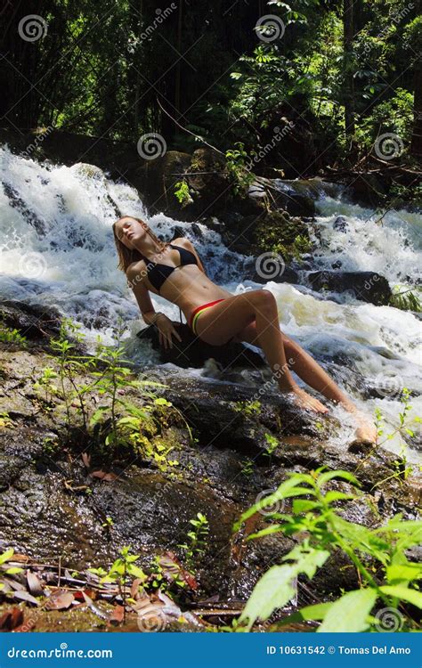 Blond Woman In Bikini By Waterfall Stock Photo Image Of Alone Hawaii