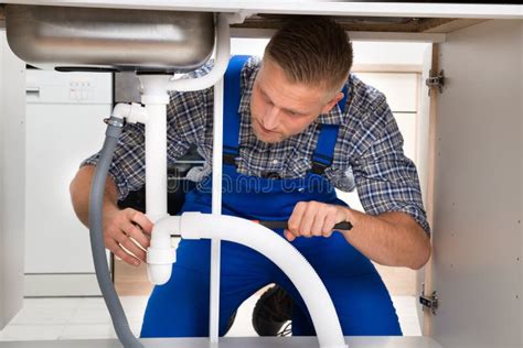 Plumber Fixing White Sink Pipe Stock Photo Image Of Object Kitchen