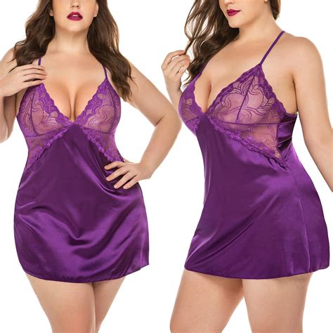 Avidlove Women V Neck Nightwear Sexy Lingerie Satin Purple Size Xx
