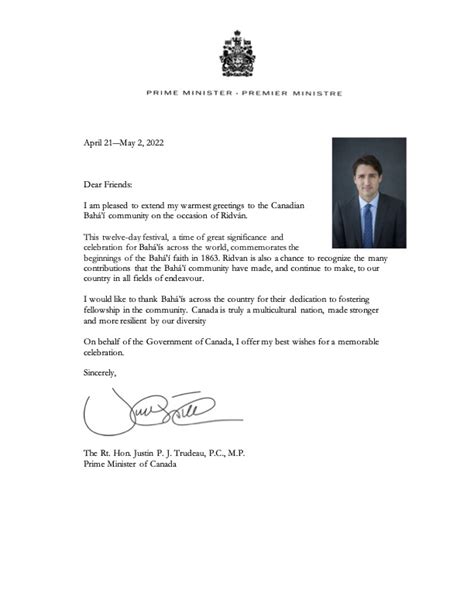 Prime Minister Trudeau Sends Ridván Greetings
