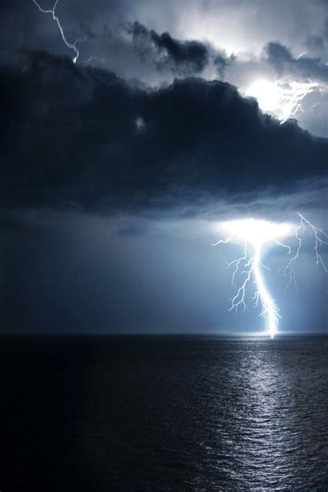 Huge Lightning Bolt Over The Ocean On A Dark Stormy Night Nature