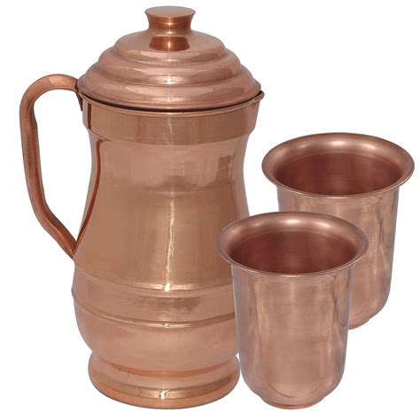 Online Prisha India Pure Copper Jug Picture With Two Tumblers Drinkware Set Prices Shopclues India