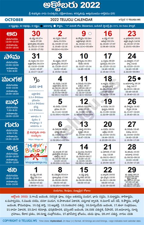 Telugu Calendar 2022 October Pdf Print With Festivals And Holidays List